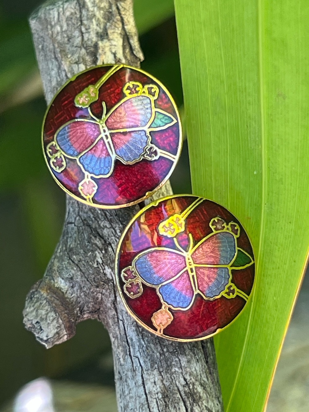 Vintage Cloisonné Enamel Floral Stud Earrings